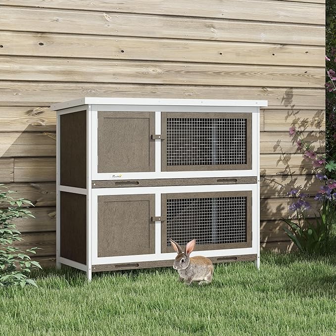 PawHut Wooden Bunny Rabbit Hutch, Small Animal Habitat with Ramp, Removable Tray & Weatherproof Roof, for Rabbits, Chickens, Ducks, Indoor/Outdoor, Brown