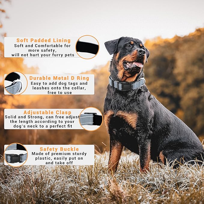 2 Pack Reflective Dog Collar with Safety Locking Buckle, Adjustable Soft Breathable Comfortable Nylon Pet Collar for Small, Medium and Large Dogs, Gray, XL