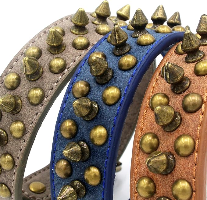 Spiked Dog Collar Soft Pu Leather Mushrooms Rivet Spike Studded Puppy Adjustable Pet Collars for Small Breeds (L, Blue1)