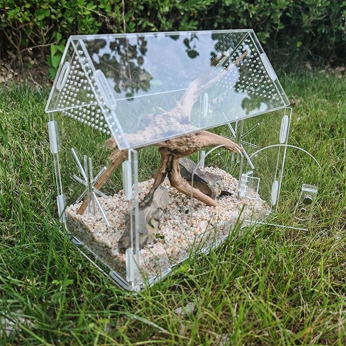 Jumping Spider Enclosure, Acrylic Terrarium for Praying Mantis, Small Tarantula Enclosure with Front Door, Versatile Reptile Habitat for Lizard, Snails, Gecko, Farmhouse Barn Shape 8.6"L*5.4"W*7.9"H