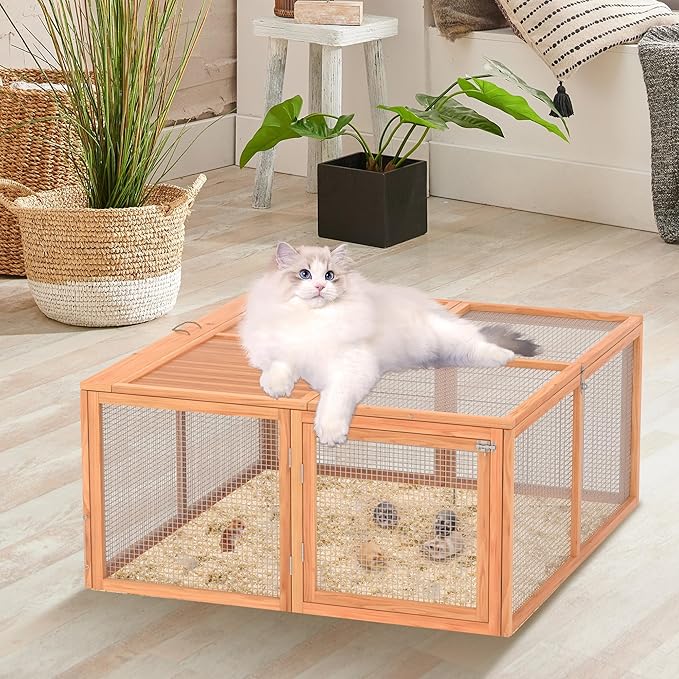 Portable Chicken Coop Run, Rabbit Hutch with Top & Side Opening Doors, Folding Wooden Rabbit Cage for Guinea Pigs, Bunny, Rabbit, Hedgehog, Small Animal Outdoor (Logs)