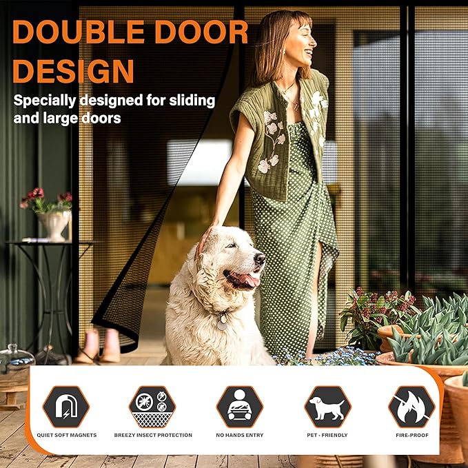 Double Door Fiberglass Magnetic Screen Door，Screen Door Mesh，Keep Bugs Out, Heavy-Duty Mesh Curtain,Pet and Kid Friendly, Works with Front Doors, Sliding Doors（64x80 Inch