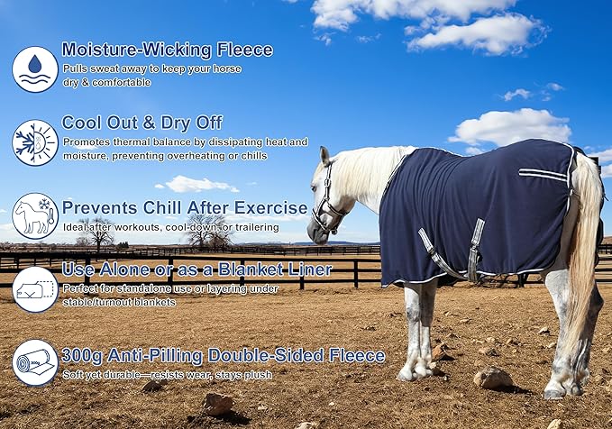 Horse Fleece Cooler, Blanket Liner - 300g Anti-Pilling Fleece, Moisture-Wicking, Cooling & Drying for Post-Workout, Bath & Travel, Prevent Overheating & Chilling Navy 75