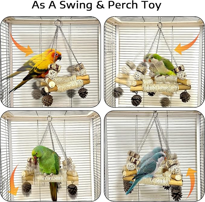 Large Bird Swing for Cage with Chew Toys, 3 Sisal-Wrapped Bird Perches & Stable Triangle Design, Wooden Hanging Quaker Toy Swing for Medium-Sized Bird Cockatiel Ring-Necked Caique Balance Training (L)