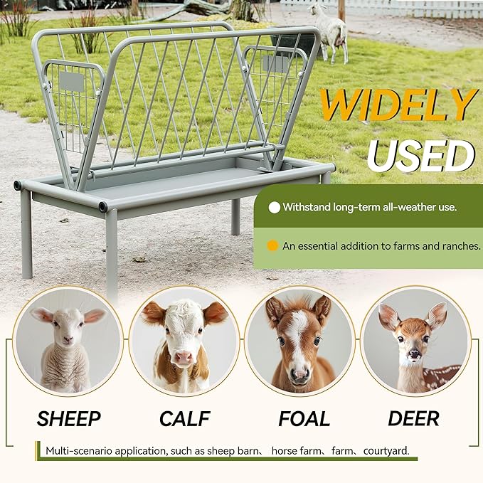 Kojem 4 Ft Long Livestock Feeder, Heavy Duty Steel Livestock 2 in 1 Grain & Hay Feeder, Outdoor Pasture Feeder with Feeding Pan for Goats, Sheep,Ponies, Cow, Horse for Farms, All Weather Feeder