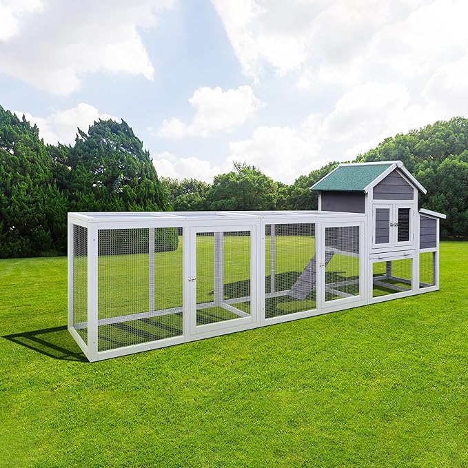 Gray Wooden Chicken Coop with Run and Nesting Box – Outdoor Hen House for 3–4 Chickens, Weatherproof Roof, Sliding Tray & Secure Predator-Proof Poultry Cage
