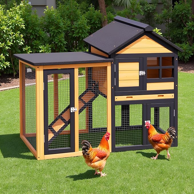 Chicken Coops Outdoor Wooden Double-Decker Chickens with Deep Push-Pull Trays, Non-Slip Slopes, Waterproof Asphalt Roof Suitable for a Variety of Animals (Yellow Black)