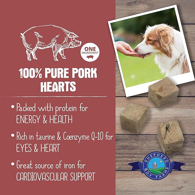 Shepherd Boy Farms Freeze Dried Dog and Cat Treats, Pork Heart, All Natural Single Ingredient Freeze-Dried Dog Treat & Snacks, Made in USA, High Protein, Essential Nutrition of Raw Food, 3oz