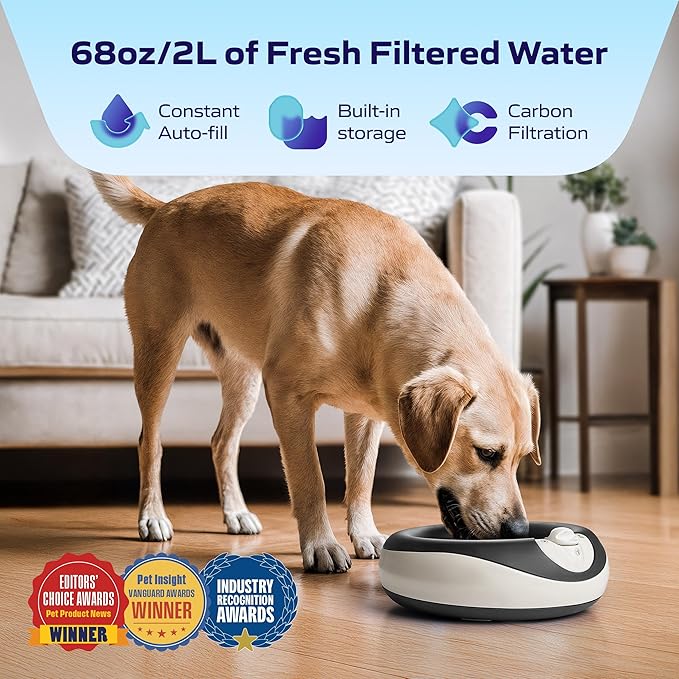Filtered Portable Dog Water Dispenser [Upgraded 2026], 2L / 68oz, Automatic Pet Water Dispenser Noise-Free No Spill Water Bowl for Dogs, No Power Needed, Ideal for Medium & Large Pets