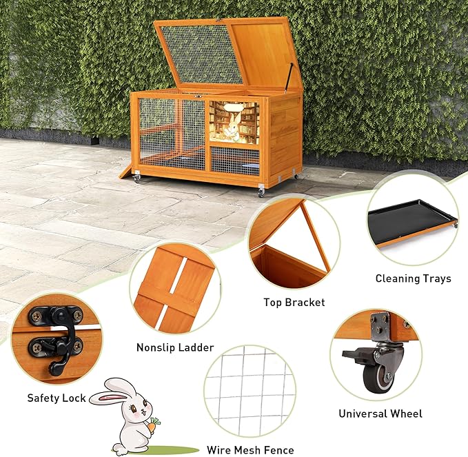 COZIWOW 36.5-Inch Double-Decker Wooden Rabbit Hutch with Wheels, Featuring A Cleaning Tray and Ladder—Stylish and Easy to Assemble（Orange and Pattern）