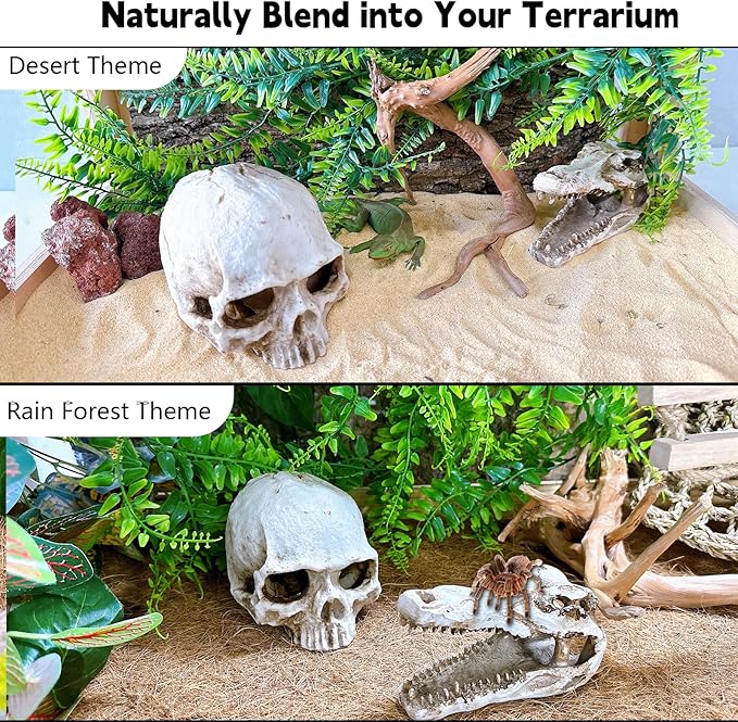 Tfwadmx Human Skull and Crocodile Skull Decor, Snake Hide, Tarantula Enclosure Accessories, Resin Skull with Vines Reptile Terrarium Tank Decor for Geckos, Lizards, Spiders