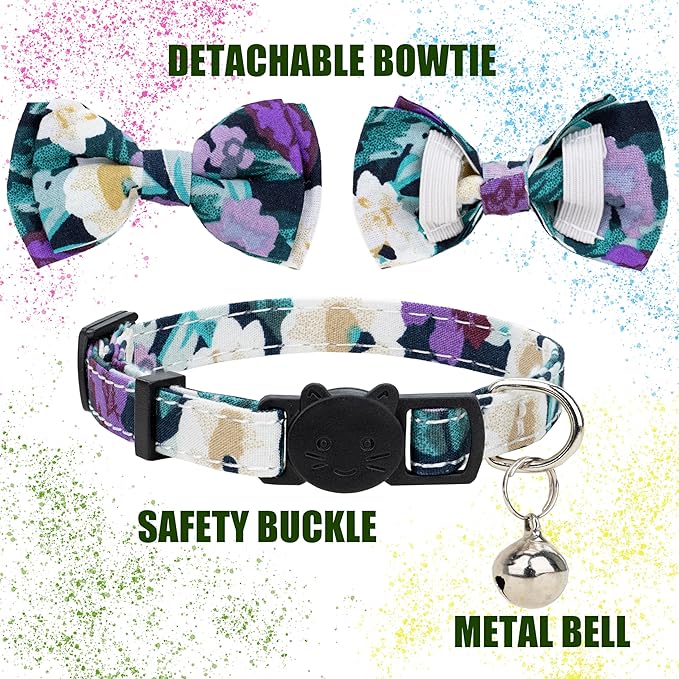 Collar for Cat Pet Breakaway with Bell Bowtie Detachable Bow Adjustable Safety Kitten Puppy Girl Boy 2pcs Yellow & Purple Oil Painting