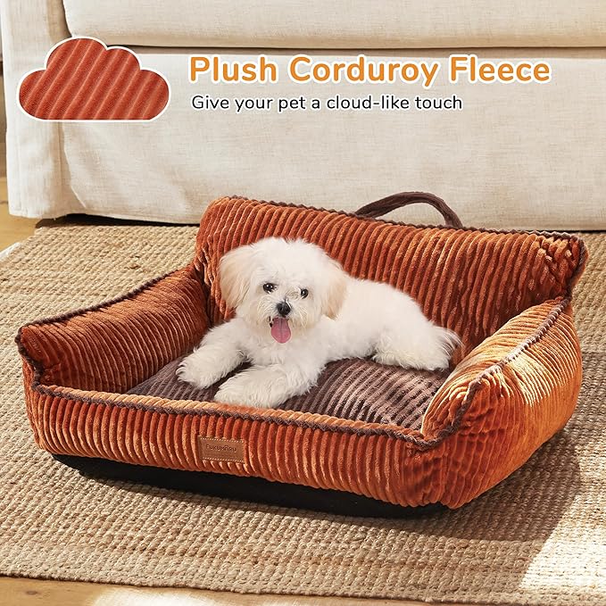 FUKUMARU Dog Couch Bed, Fluffy Corduroy Cat Beds for Indoor Cats with Washable Cover, Waterproof Small Dog Sofa Beds with Portable Handle and Anti-Slip Bottom, Pet Beds & Furniture 28inch, Orange