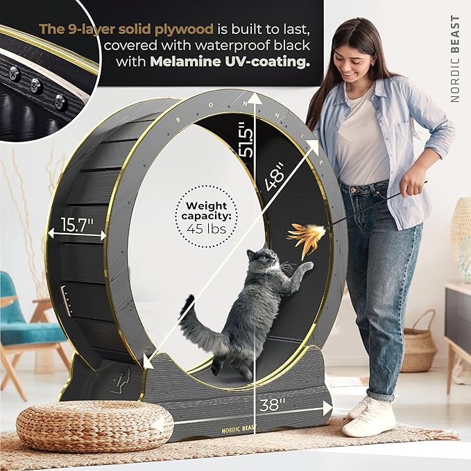 Gold 48'' XL Cat Wheel – Safe, Quiet & Stable Exercise Wheel for Large Indoor Cats up to 45 lbs – 15.7'' Extra-Wide Surface Fits 2 Cats Side by Side & Prevents Wobbling, 1-Year Warranty