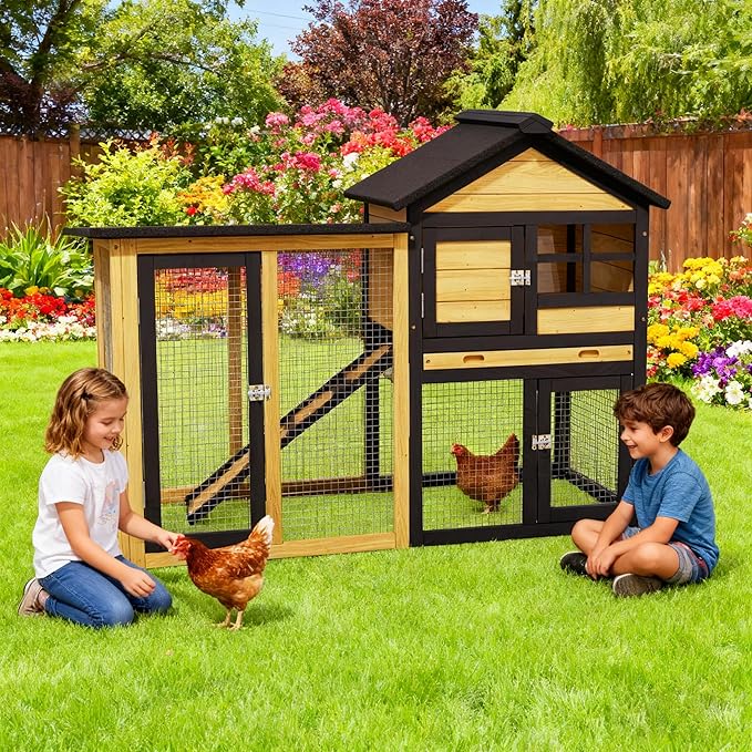 Large Chicken Coop and Run Outdoor Indoor Two Story Rabbit Hutch Pet House Guinea Pig Cage with Removable Tray, Ramp, Ventilation Doors for Chickens, Bunny, Ducks, Quails（Natural Wood）