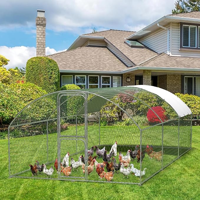 Large Metal Chicken Coop Run,Outdoor Walk-in Cage Peak Hen House with Waterproof and Anti-Uv Cover,Dome Roof Hen House with Security Lock for Outdoor,Backyard and Farm, 9.8 x 19.7 x 6.6 ft