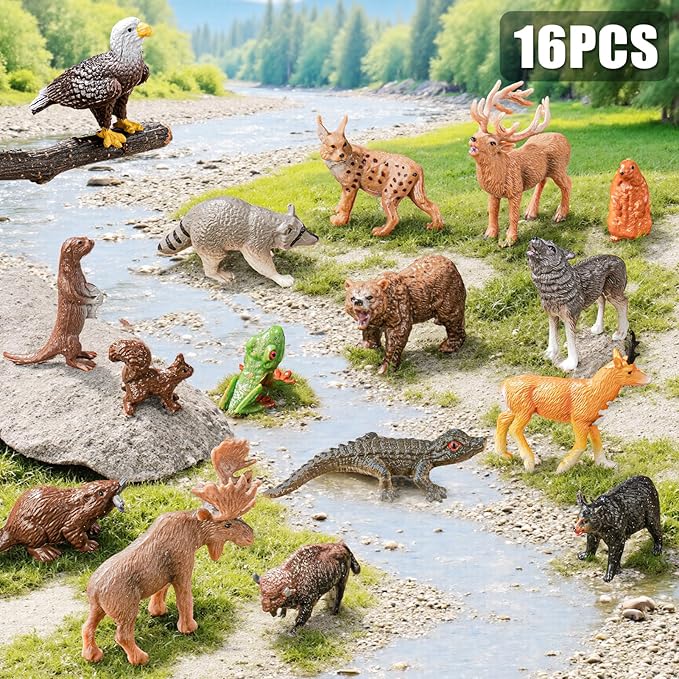 North American Animals Figurines Toys, 16PCS Realistic Safari Animals Figures & 67PCS 20" Large Woodland Jigsaw Puzzles Toys for Preschool Kids Toddlers, Ideal Gift for Toddler