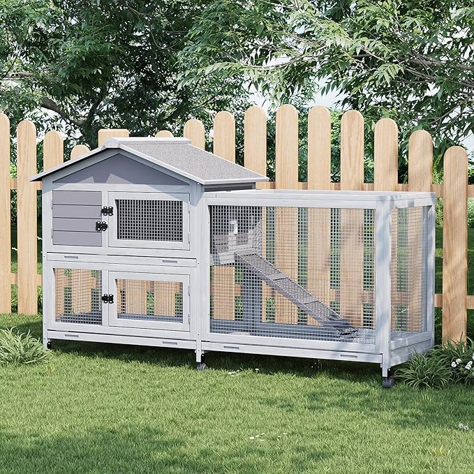 Rabbit Cage with Ramp & Waterproof Roof, Bunny Hutch for Indoor/Outdoor, 2-Story Design, Rabbit Hutch with 6 Lockable Caster Wheels & Three Pull-Out Trays（63.2" l x 22.4" w x 37"）