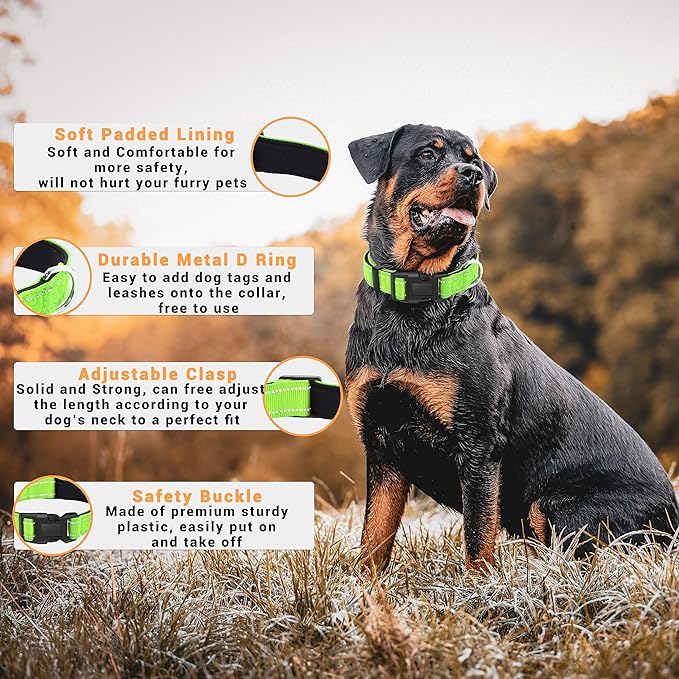 2 Pack Reflective Dog Collar with Safety Locking Buckle, Adjustable Soft Breathable Comfortable Nylon Pet Collar for Small, Medium and Large Dogs, Green, XL