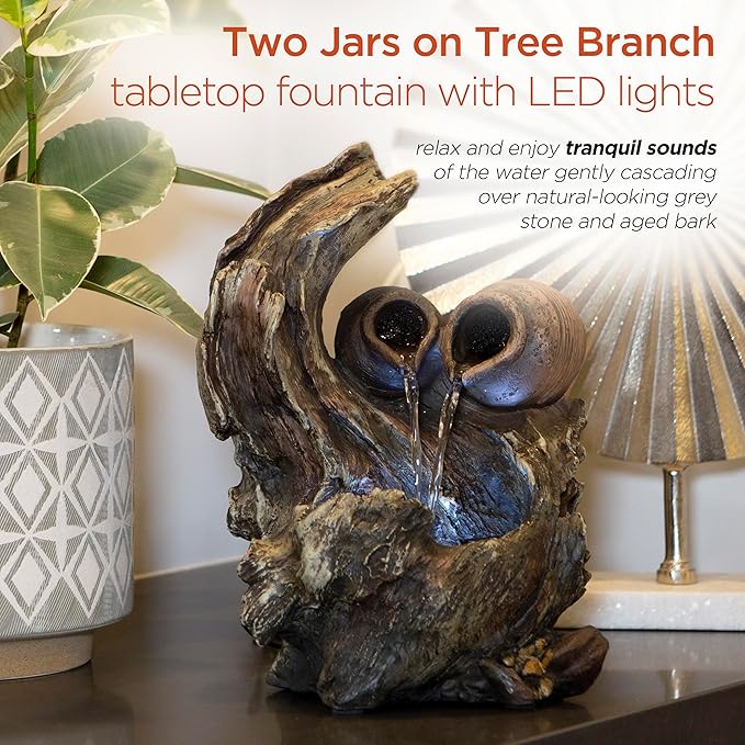 Alpine Corporation 14" Tall Indoor Tabletop Two Jars on a Tree Branch Fountain with LED Lights