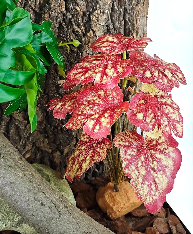 Woyrise Reptile Artificial Plants for Terrarium Decor, Amphibian Habitat Decorations Bearded Dragon Tank Accessories fit Crested Gecko Leopard Lizard Chameleon Snake Frog - Fake Pink Heuchera