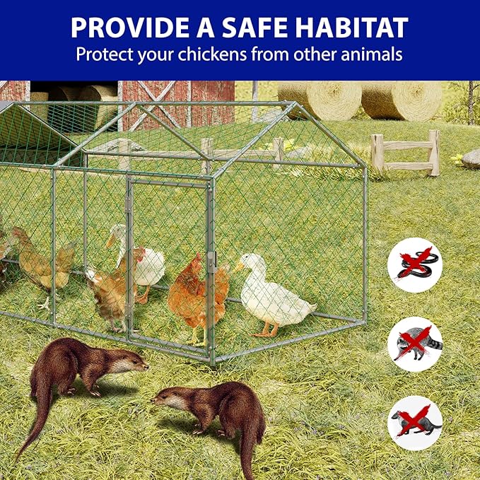 Metal Chicken Coop Run,Outdoor Walk-in Cage Peak Hen House with Waterproof and Anti-Uv Cover,Spire Roof Hen House with Security Lock for Outdoor,Backyard and Farm, 9.8 x 3.3 x 3.3 ft