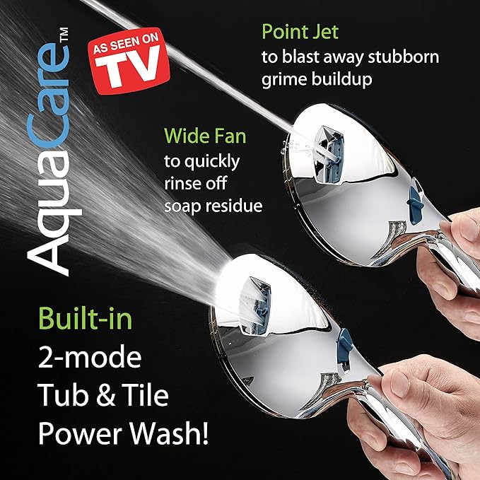Hotel Spa AquaCare High Pressure 8-Mode Handheld Shower Head - Anti-clog Nozzles, Built-in Power Wash to Clean Tub, Extra Long 6 ft. Stainless Steel Hose, Wall & Overhead Brackets