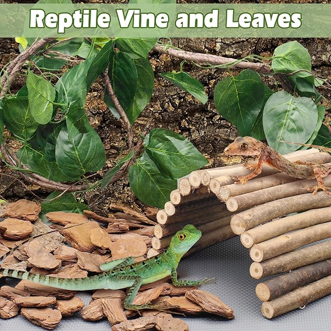 kathson Bearded Dragon Tank Accessories, Large Reptile Hide Wooden Bridge Triangle Hammock Jungle Climber Vines Leaves and Plant Reptile Habitat Decor for Chameleon Lizards Gecko Snakes Climbing