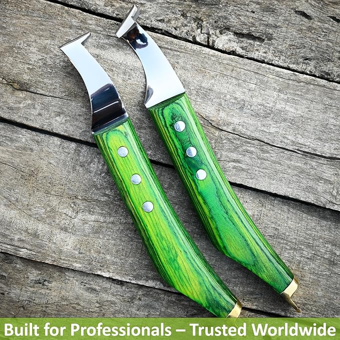 Premium Farrier Loop & Hoof Knife with Brass End – Professional Hoof Trimming Tool for Horses, Cows & Livestock, Stainless Steel Blade, Ergonomic Wood Handle (Green)
