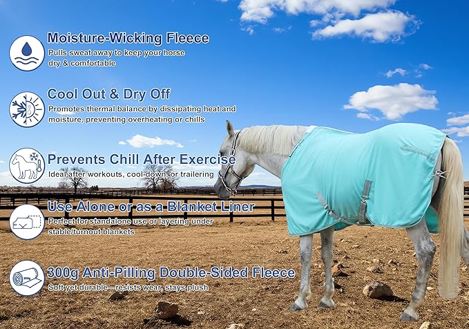 Horse Fleece Cooler, Blanket Liner - 300g Anti-Pilling Fleece, Moisture-Wicking, Cooling & Drying for Post-Workout, Bath & Travel, Prevent Overheating & Chilling Mintgreen 75