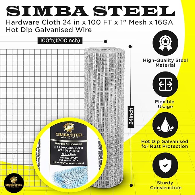 24” x 100 FT Hardware Cloth 1 inch Mesh 16 Gauge, Hot Dip Galvanised Wire Mesh, Rust Proof, Welded Cage Wire Rolls for Garden, Fence, Chicken, Rabbit, Pet Enclosures 24 x 100 (1 x 1)