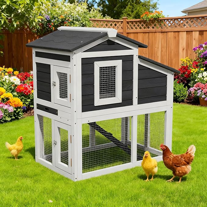 Chicken Run Coop, Wooden Duck Coop Outdoor 2-Tier Hen House All Weather Used Poultry Quail Cage Rabbit Hutch Pet Hideout with Ramp for Small Medium Animals(Grey)