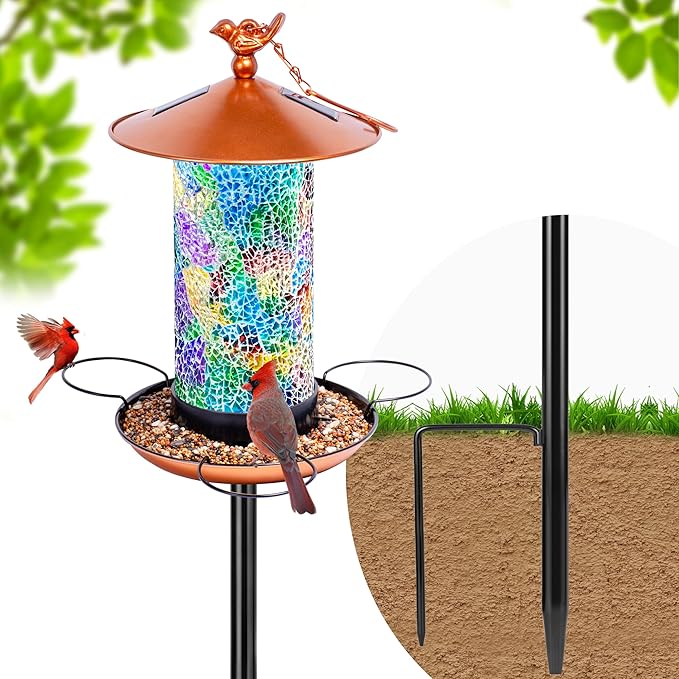 Ottsuls Solar Bird Feeder for Outdoors with Pole, Luxury Mosaic Glass Metal Vintage Lantern Standing, Pretty Garden Gift for Birthday Women, Men, Mom, Dad,Grandma