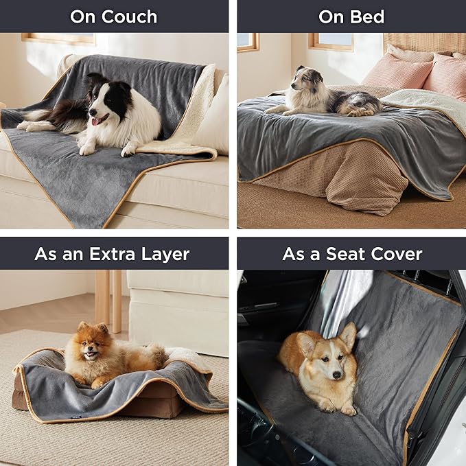 Bedsure Waterproof Dog Blankets for Extra Large Dogs - XL Cat Blanket Washable for Couch Protection, Sherpa Fleece Puppy Blanket, Soft Plush Reversible Throw Furniture Protector, 50x60, Grey