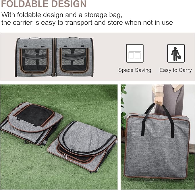 PawHut 39" Portable Soft-Sided Cat Carrier, Cat Kennel, Travel Dog Crate with Divider, Two Compartments, Soft Cushions & Storage Bag, Easy to Fold, Light Gray