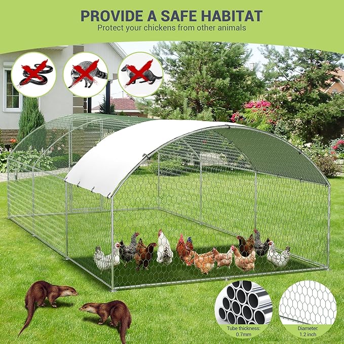 Large Metal Chicken Coop Run,Outdoor Walk-in Cage Peak Hen House with Waterproof and Anti-Uv Cover,Dome Roof Hen House with Security Lock for Outdoor,Backyard and Farm, 9.8 x 19.7 x 6.6 ft