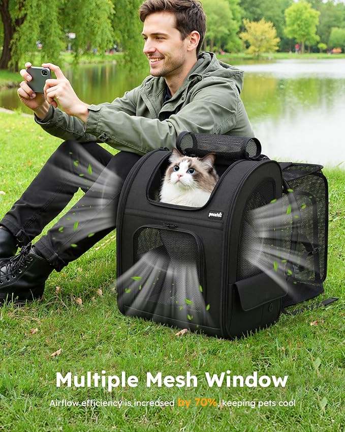 Pecute Cat Backpack Carrier XL, Expandable Pet Backpack for Cats & Small Dogs Up to 15lbs, with 4-Side Breathable Mesh, Multi-Entry & Lockable Zippers for Travel, Hiking, Camping - Hands Free, Black