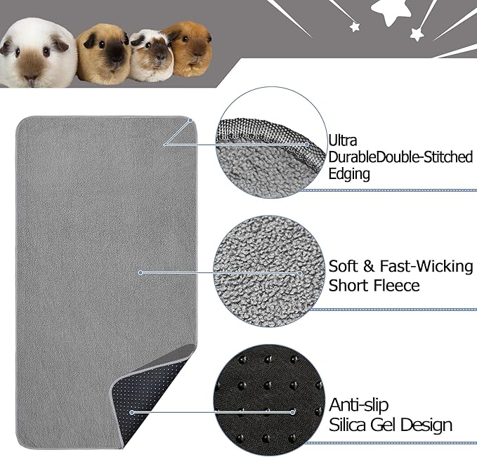 Guinea Pig Cage Liner, 1 Pack - Washable, Reusable, Leakproof Fleece Bedding Pads for Small Animals with Anti-Slip Bottom - for C&C 2X3 Area, Gray