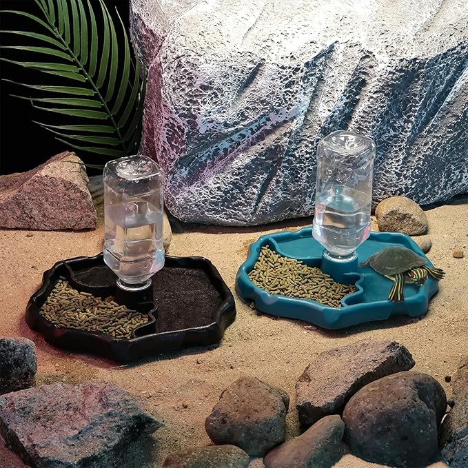 IBWell 2-in-1 Reptile Water Bowl Food Dish with Bottle Automatic Reptile Feeder for Turtle, Bearded Dragon, Lizard Gecko Water Bowl Food Dish