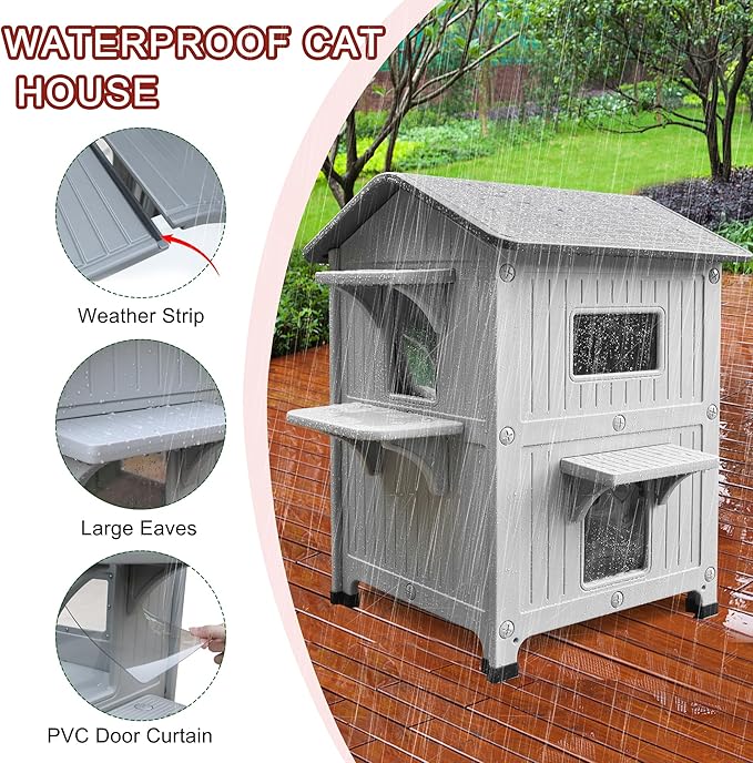 Rockever Plastic Insulated Outdoor Cat House with Escape Door, 2 Story Waterproof Cat House for Outdoor Cats for Feral Cats, Elevated Outside Cat Shelter, Clean and Assemble Easily