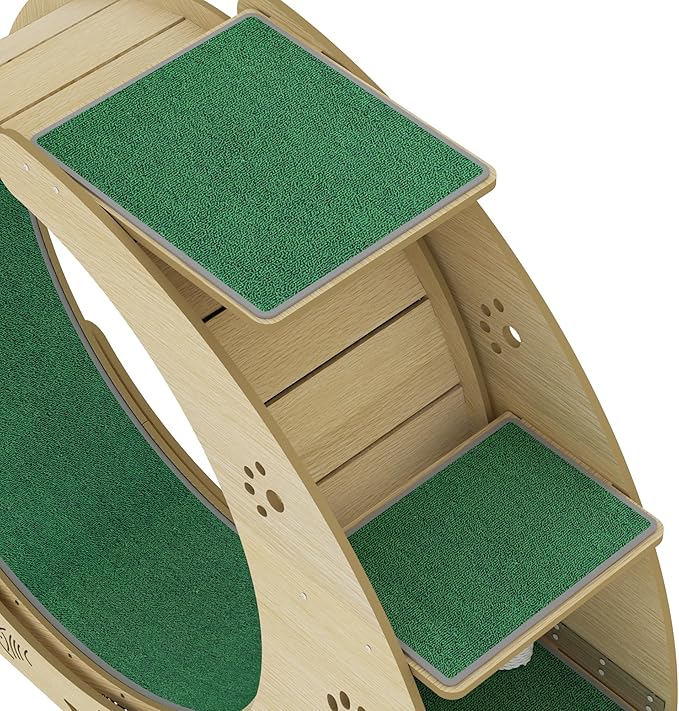 GarveeLife Cat Exercise Wheel for Indoor Cats, Cat Treadmill with Bowls, Scratch Post & Detachable Carpet, Large Quiet Cats Running Wheel for Kitties Endless Fun & Fitness Wood Color