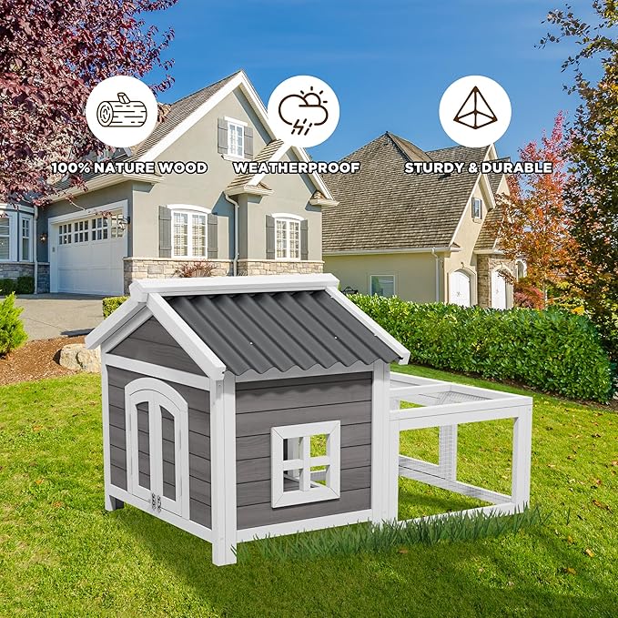 Wooden Chicken Coop Indoor and Outdoor,Hen House Poultry Pet Hutch with 2 Zone,Waterproof roof,Windows and Ventilation Door for Small Animals Habitat