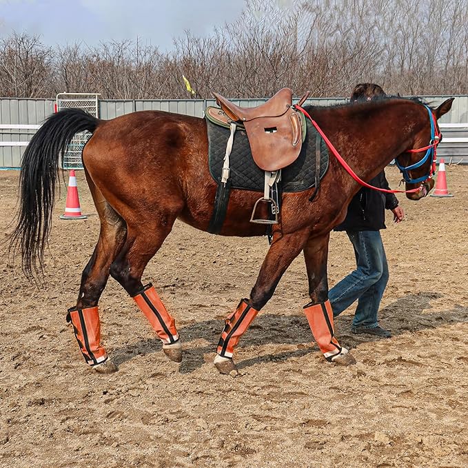 Fly Boots for Horses Set of 4 Leg Wraps Protection, Mesh Horse Fly Leggings Breathable Tendon Boots for Reduces Stomping & Leg Fatigue Orange Large