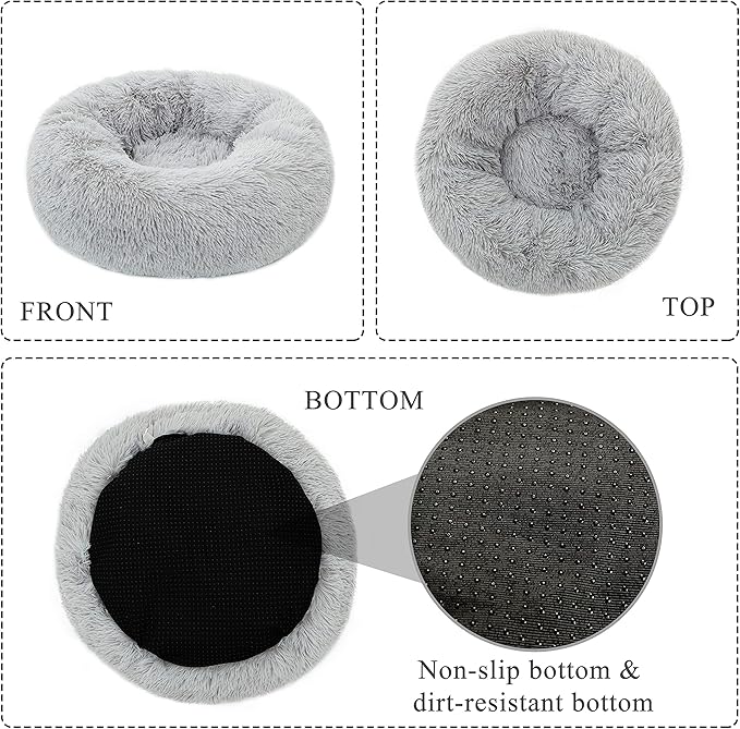 Donut Bed Medium Size Dog, Calming Soft Round Cuddler Dog Beds Fluffy Plush Faux Fur Pet Beds (24", Light Grey)
