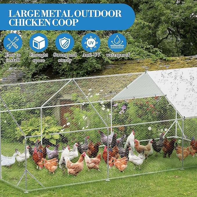 Large Metal Chicken Coop Run,Outdoor Walk-in Cage Peak Hen House with Waterproof and Anti-Uv Cover,Spire Roof Hen House with Security Lock for Outdoor,Backyard and Farm, 9.8 x 19.7 x 6.6 Ft