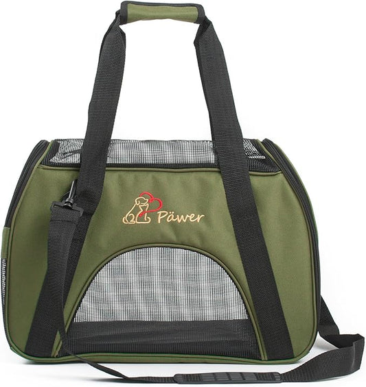 Pawer Soft-Sided Pet Carrier for Cat and Small Dog,Olive Color,Medium Size,Washable 600D Oxford Cloth Airline Approved Travel Tote,with 2 Mesh Opens and a Strap for Carry,Multiple Colors Available