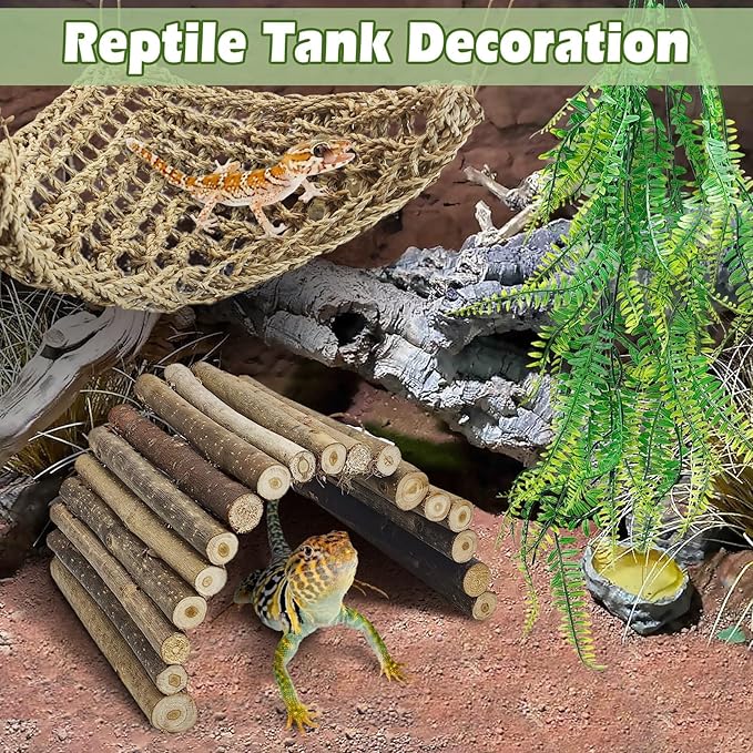 kathson Bearded Dragon Tank Accessories, Large Reptile Hide Wooden Bridge Triangle Hammock Jungle Climber Vines Leaves and Plant Reptile Habitat Decor for Chameleon Lizards Gecko Snakes Climbing