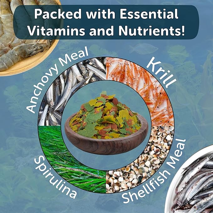 Aquatic Foods Inc. Premium Tropical Fish Flakes, for Angel Fish, Guppies, Live Bearers, Loaches, Gouramis, Cichlids, All Tropical Fish. 12-Type pellets and 4-Type Wafers Included..1.30oz Canister