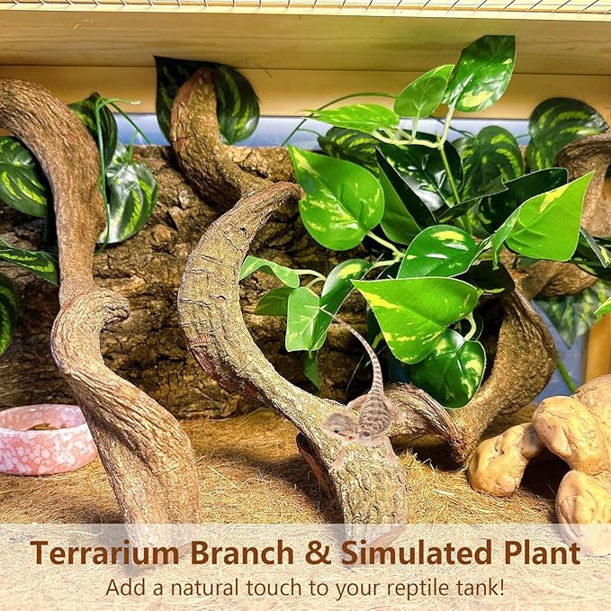 BNOSDM 3PCS Natural Reptile Climbing Branches Decor,1.2-1.8" Thick Natural Snake Climbing Forest Wood with Plant Leaf Decor,Lizard Forest Branch,Geckos Tank Tree Trunk Accessories for Bearded Dragons