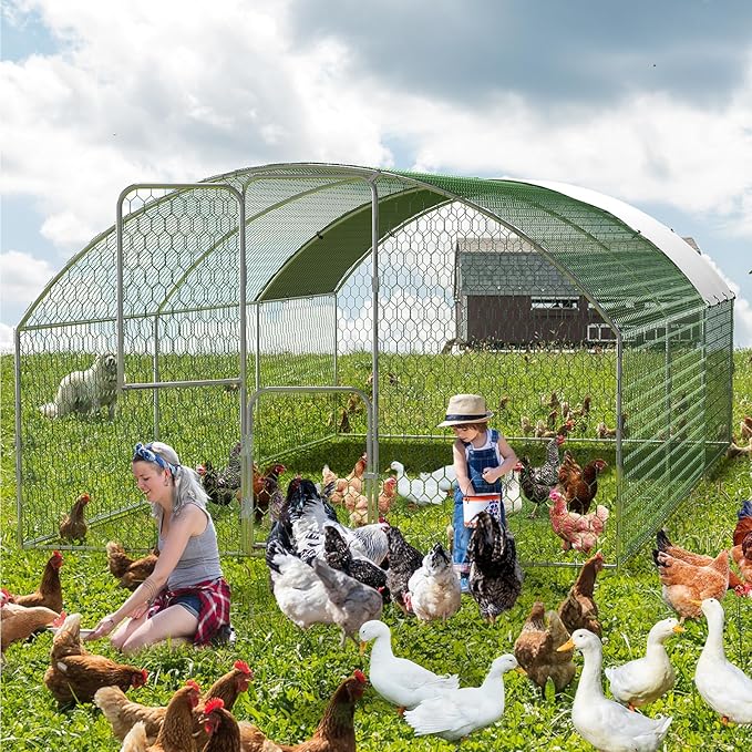 Large Metal Chicken Coop Run,Outdoor Walk-in Cage Peak Hen House with Waterproof and Anti-Uv Cover,Dome Roof Hen House with Security Lock for Outdoor,Backyard and Farm, 9.8 x 19.7 x 6.6 ft